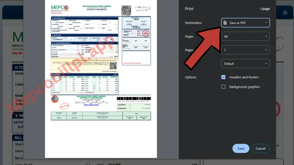 Save a MEPCO Bill as PDF